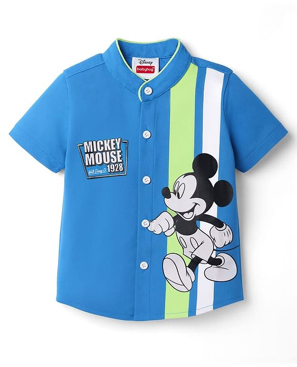 Babyhug Disney Single Jersey Woven Half Sleeves Shirt with Mickey Mouse Graphic - Blue