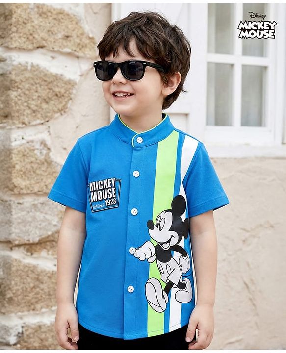 Babyhug Disney Single Jersey Woven Half Sleeves Shirt with Mickey Mouse Graphic - Blue