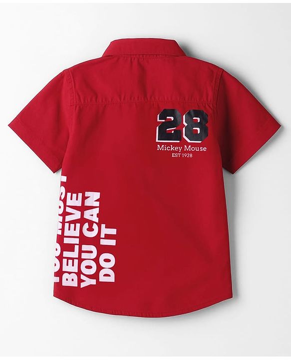 Babyhug Disney Poplin Woven Half Sleeves Printed Shirt with Front and Back Mickey Mouse Graphic - Red