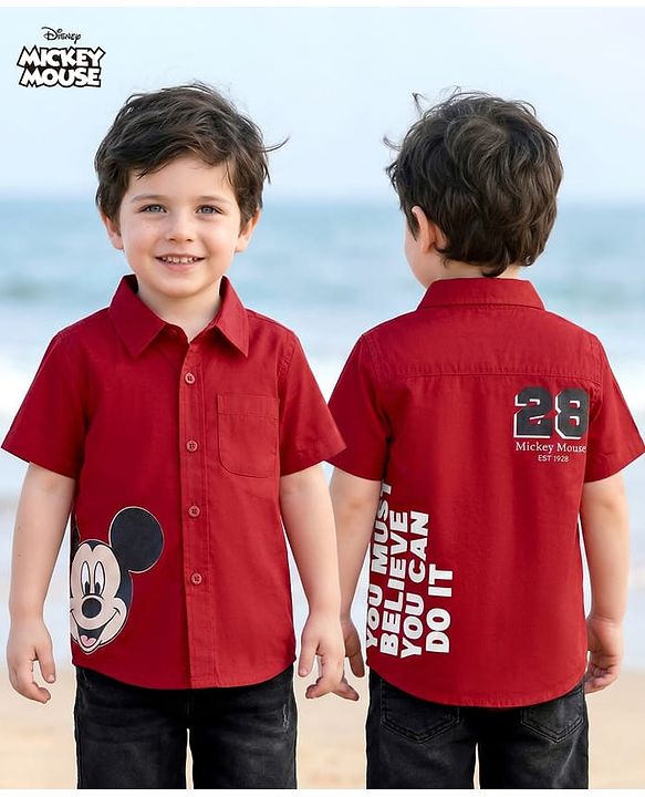Babyhug Disney Poplin Woven Half Sleeves Printed Shirt with Front and Back Mickey Mouse Graphic - Red