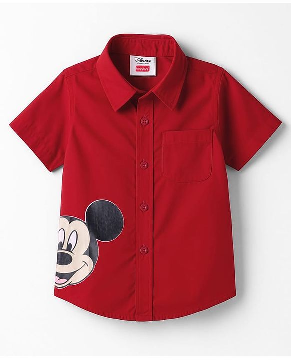 Babyhug Disney Poplin Woven Half Sleeves Printed Shirt with Front and Back Mickey Mouse Graphic - Red