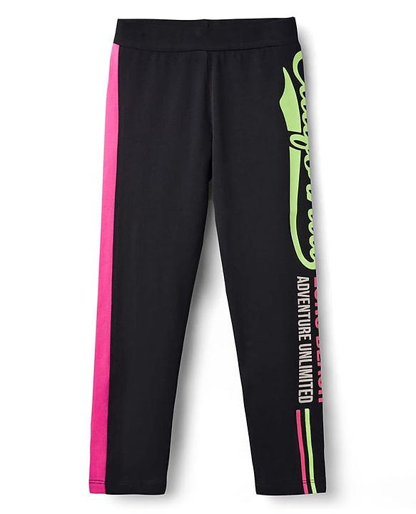 Pine Kids Cotton Lycra Knit Full Length Leggings With Text Print - Black