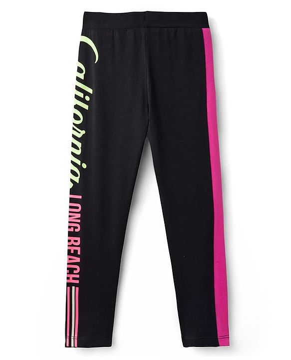 Pine Kids Cotton Lycra Knit Full Length Leggings With Text Print - Black