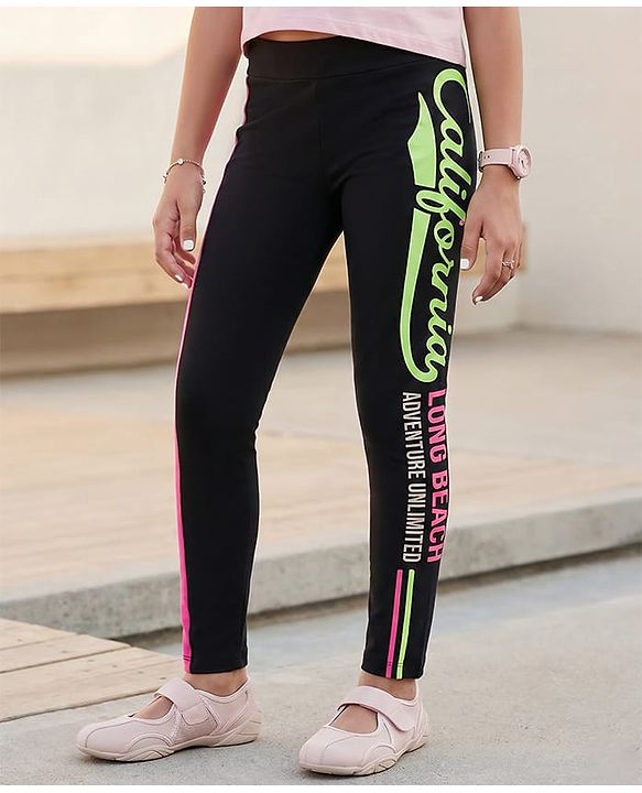 Pine Kids Cotton Lycra Knit Full Length Leggings With Text Print - Black