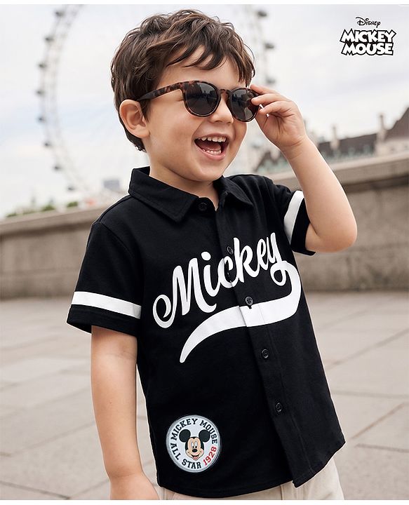 Babyhug Disney Poplin Woven Half Sleeves Shirt With Mickey Mouse Print - Black