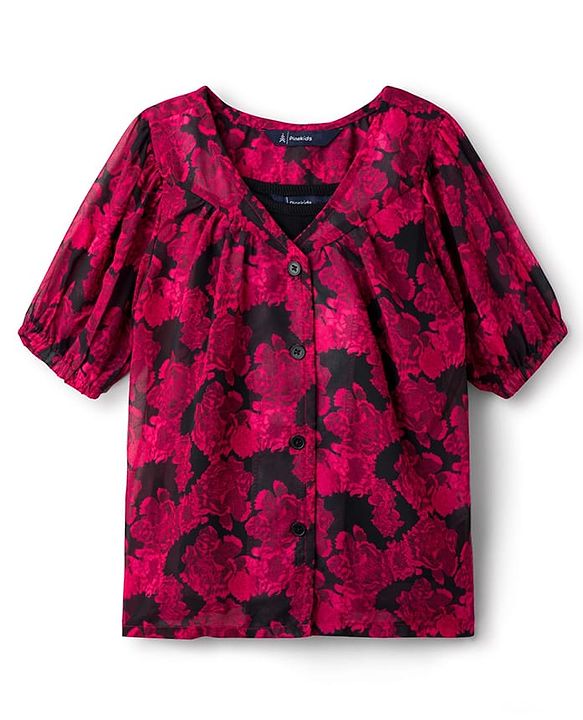 Pine Kids Half Sleeves Woven Top and Inner T-Shirt With Floral Print - Dark Pink & Black