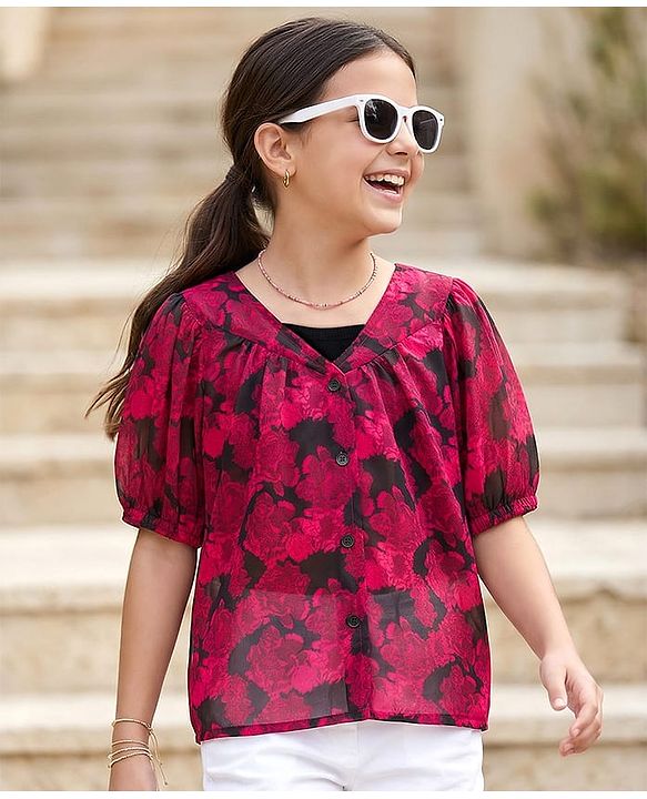 Pine Kids Half Sleeves Woven Top and Inner T-Shirt With Floral Print - Dark Pink & Black