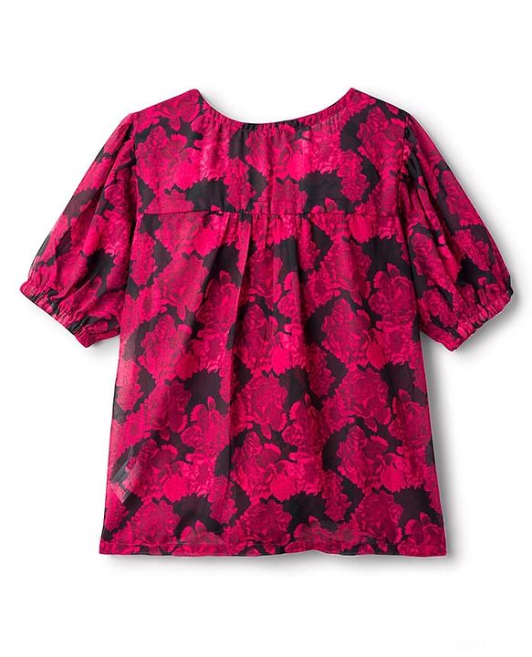 Pine Kids Half Sleeves Woven Top and Inner T-Shirt With Floral Print - Dark Pink & Black