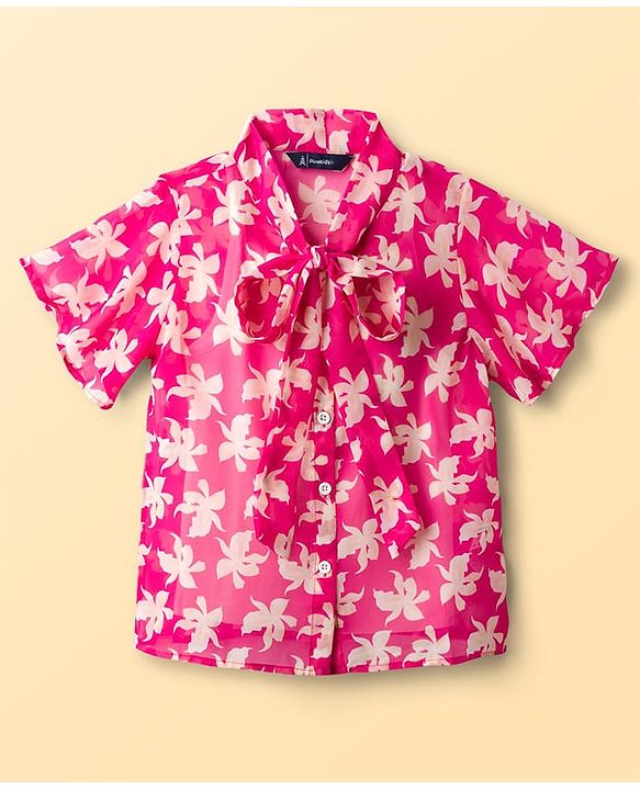 Pine Kids Woven Half Sleeves Top & Inner Tee with Floral Print  and Bow Tie Up - Pink