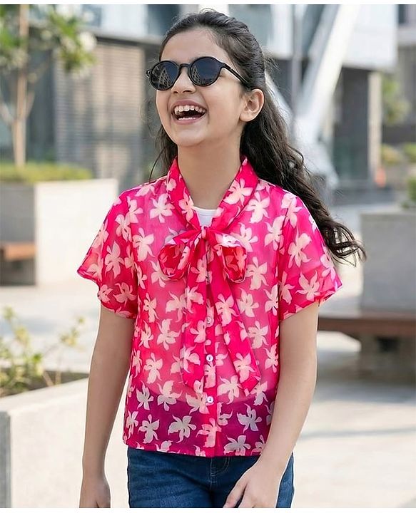 Pine Kids Woven Half Sleeves Top & Inner Tee with Floral Print  and Bow Tie Up - Pink