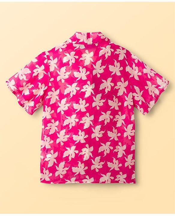 Pine Kids Woven Half Sleeves Top & Inner Tee with Floral Print  and Bow Tie Up - Pink