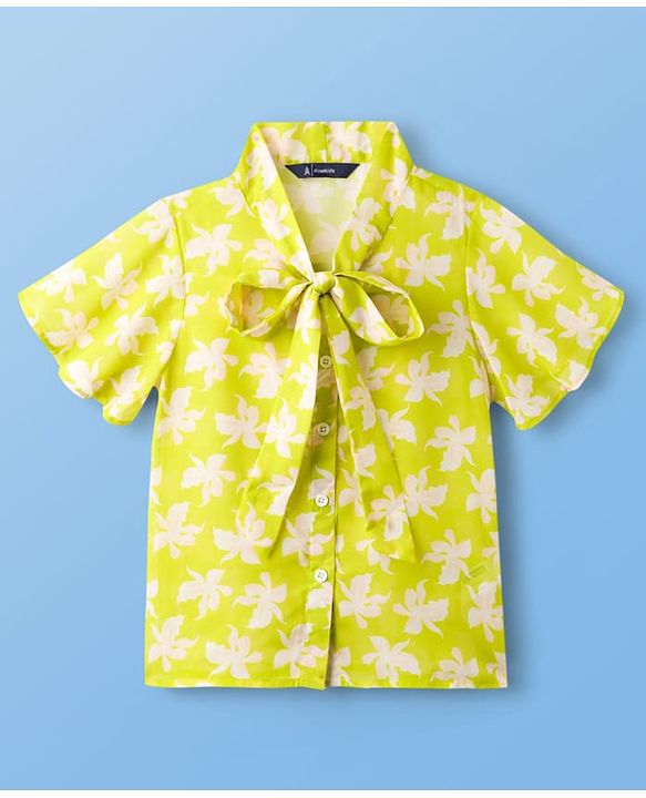 Pine Kids Woven Half Sleeves Top & Inner Tee with Floral Print and Bow Tie Up - Limegreen