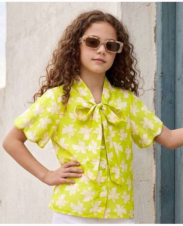 Pine Kids Woven Half Sleeves Top & Inner Tee with Floral Print and Bow Tie Up - Limegreen