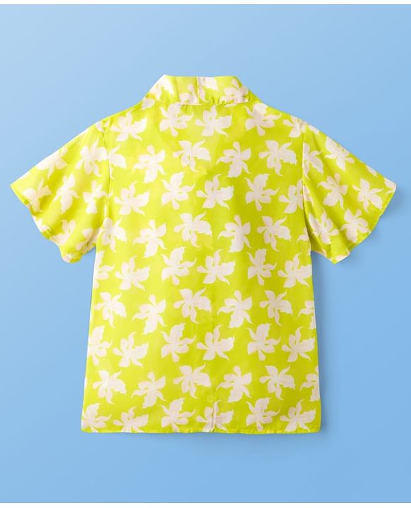 Pine Kids Woven Half Sleeves Top & Inner Tee with Floral Print and Bow Tie Up - Limegreen