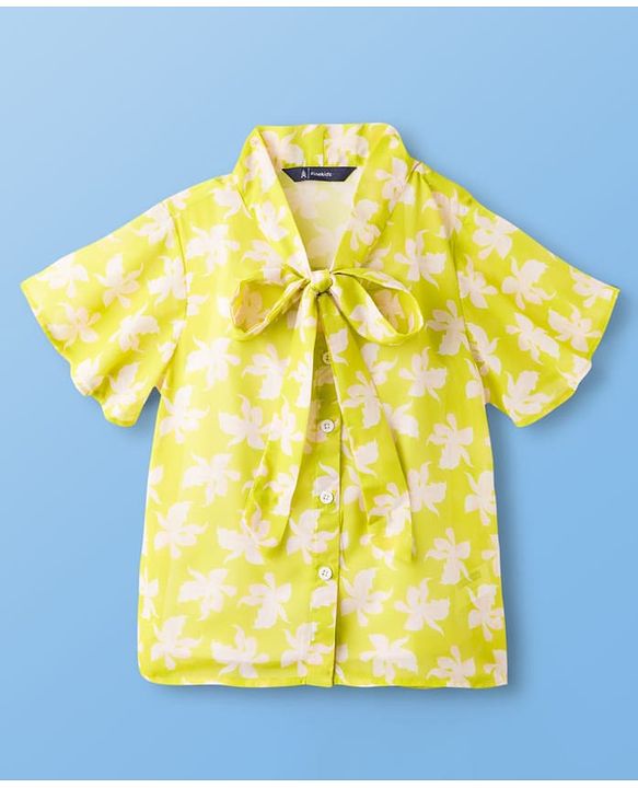 Pine Kids Woven Half Sleeves Top & Inner Tee with Floral Print and Bow Tie Up - Limegreen
