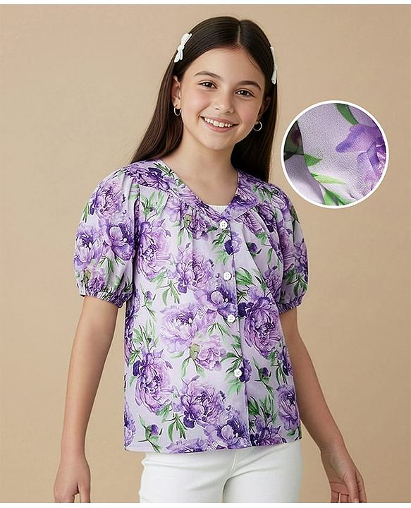 Pine Kids Half Sleeves Woven Top and Inner T-Shirt With Floral Print - Purple & White