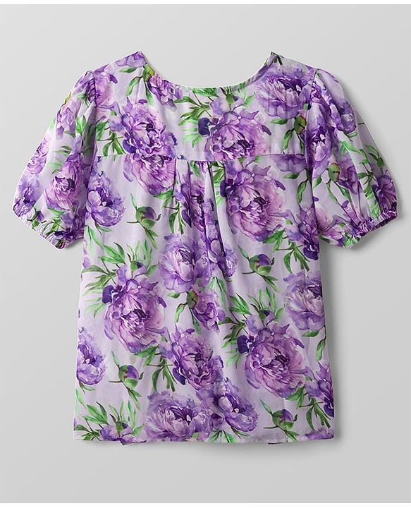 Pine Kids Half Sleeves Woven Top and Inner T-Shirt With Floral Print - Purple & White