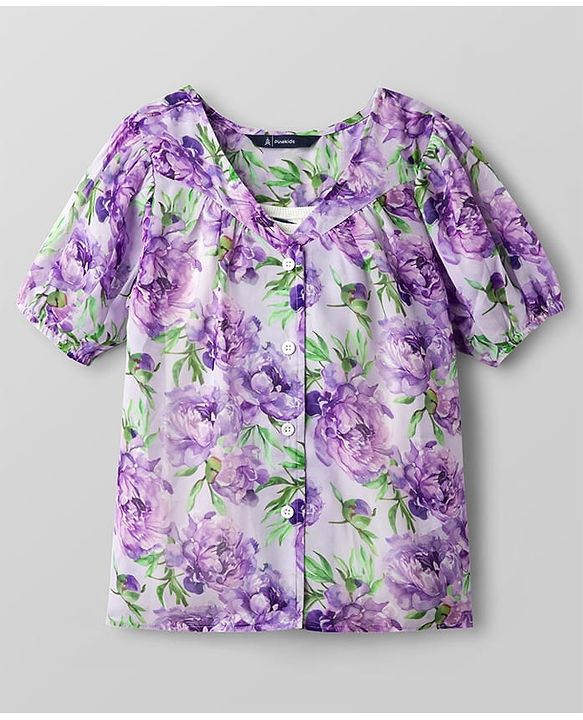 Pine Kids Half Sleeves Woven Top and Inner T-Shirt With Floral Print - Purple & White