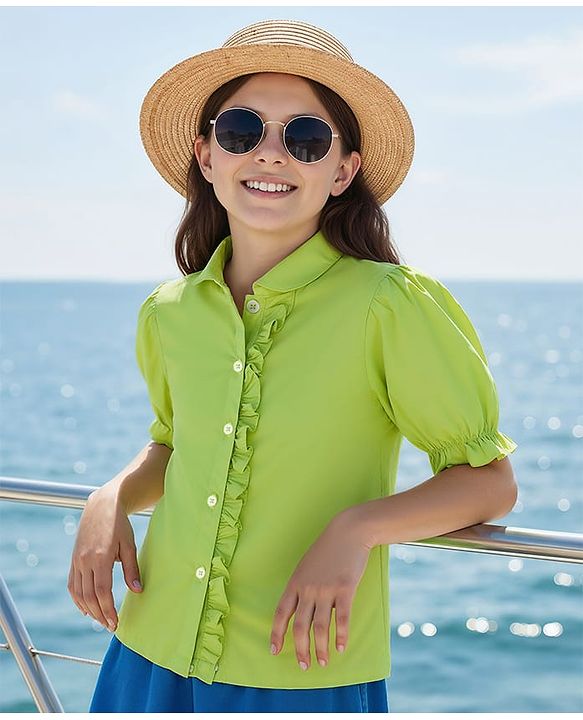Pine Kids Poplin Woven Half Puffed Sleeves Shirt Style Top with Frill Detailing - Limegreean