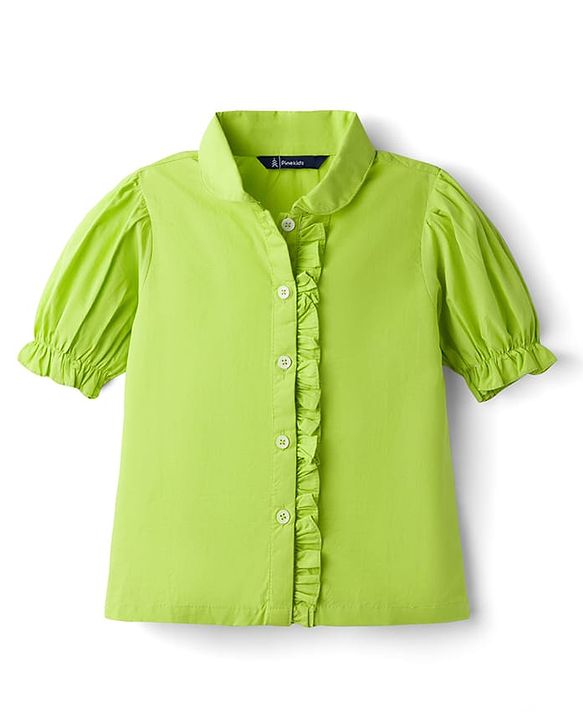 Pine Kids Poplin Woven Half Puffed Sleeves Shirt Style Top with Frill Detailing - Limegreean