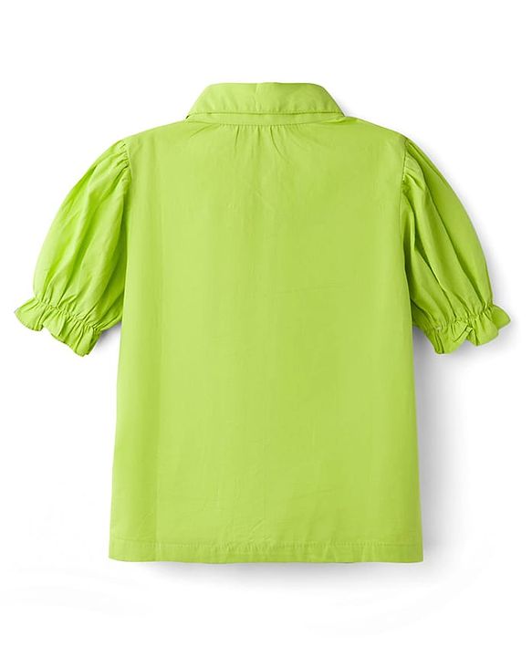 Pine Kids Poplin Woven Half Puffed Sleeves Shirt Style Top with Frill Detailing - Limegreean
