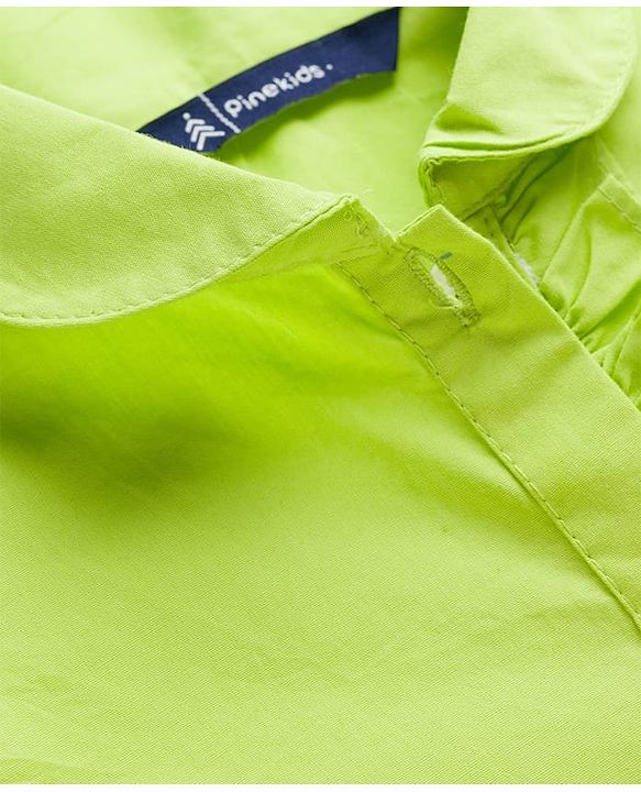 Pine Kids Poplin Woven Half Puffed Sleeves Shirt Style Top with Frill Detailing - Limegreean