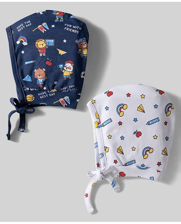 Babyhug 100% Cotton Knit Bonnet Caps with Teddy & Rainbow Print Pack of 2 Navy Blue & White - Diameter 16 cm