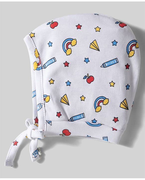 Babyhug 100% Cotton Knit Bonnet Caps with Teddy & Rainbow Print Pack of 2 Navy Blue & White - Diameter 16 cm