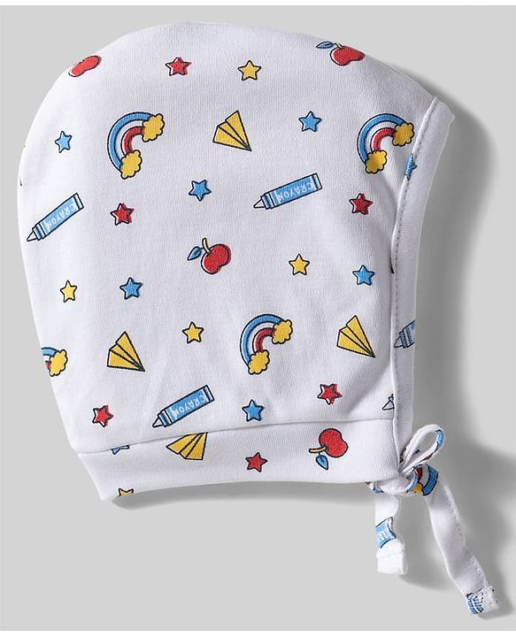 Babyhug 100% Cotton Knit Bonnet Caps with Teddy & Rainbow Print Pack of 2 Navy Blue & White - Diameter 16 cm