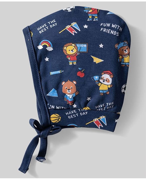 Babyhug 100% Cotton Knit Bonnet Caps with Teddy & Rainbow Print Pack of 2 Navy Blue & White - Diameter 16 cm
