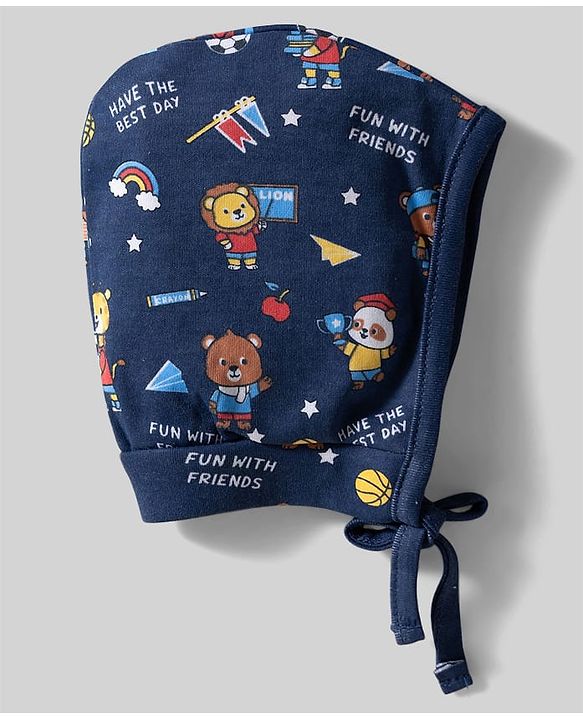 Babyhug 100% Cotton Knit Bonnet Caps with Teddy & Rainbow Print Pack of 2 Navy Blue & White - Diameter 16 cm