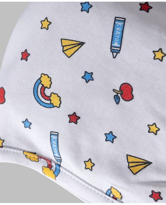 Babyhug 100% Cotton Knit Bonnet Caps with Teddy & Rainbow Print Pack of 2 Navy Blue & White - Diameter 16 cm