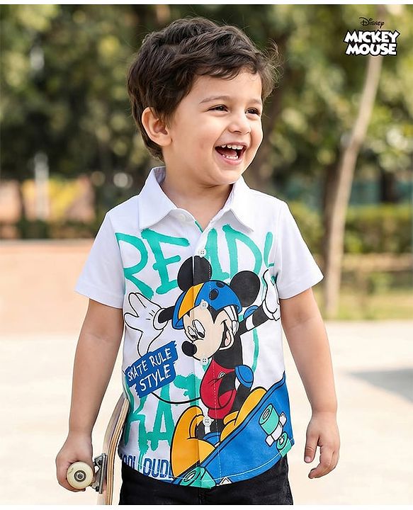 Babyhug Disney Single Jersey Woven Half Sleeves Shirt with Mickey Mouse Graphic - White