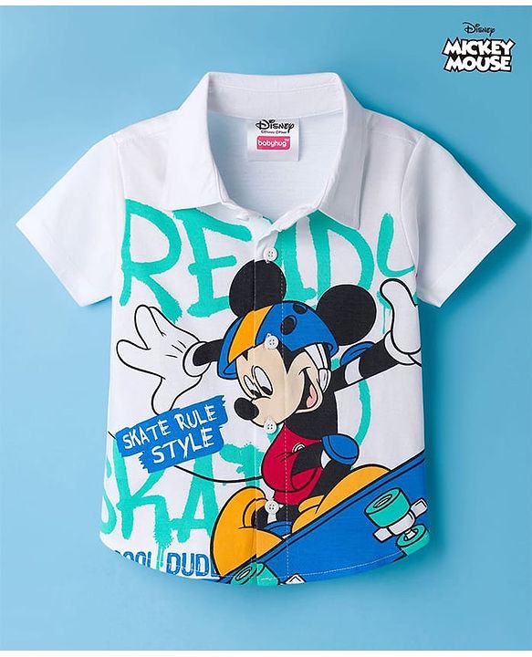 Babyhug Disney Single Jersey Woven Half Sleeves Shirt with Mickey Mouse Graphic - White