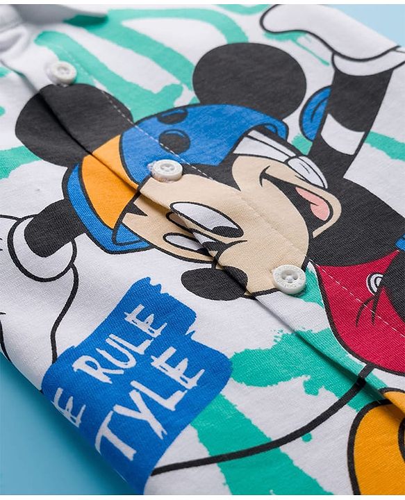 Babyhug Disney Single Jersey Woven Half Sleeves Shirt with Mickey Mouse Graphic - White