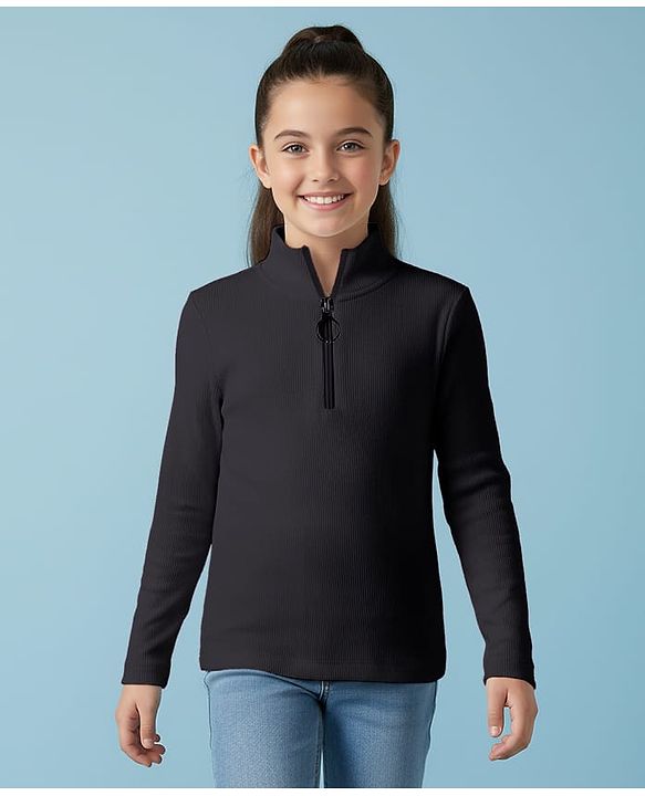 Pine Kids Cotton Lycra Knit Full Sleeves Solid Color High Neck Top - Black