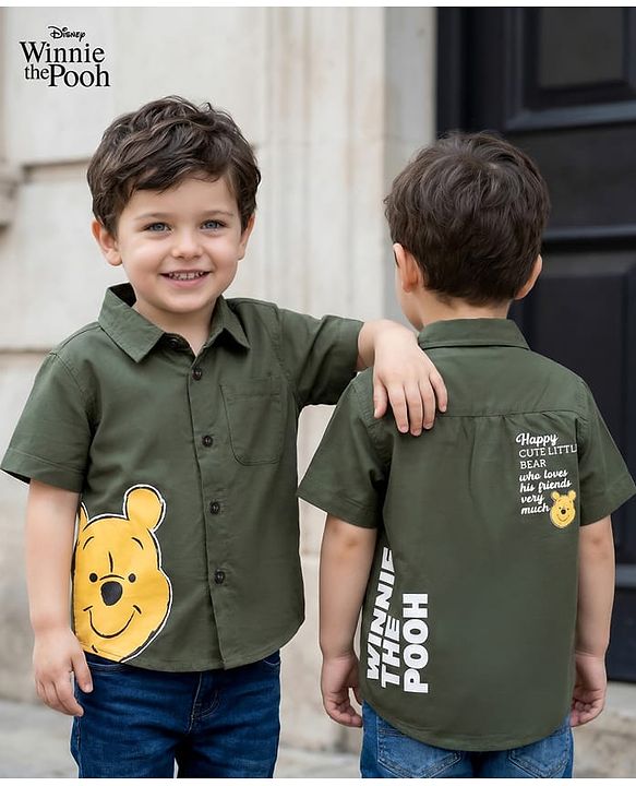 Babyhug Disney Poplin Woven Half Sleeves Printed Shirt with Winnie the Pooh Graphic -Olive Green