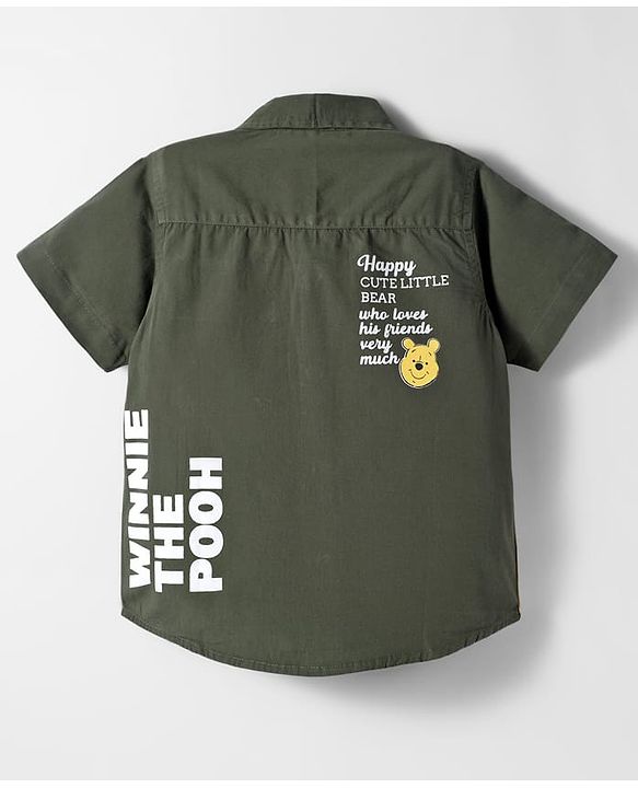 Babyhug Disney Poplin Woven Half Sleeves Printed Shirt with Winnie the Pooh Graphic -Olive Green