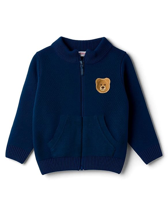 Babyhug Knit Full Sleeves Front Open Sweater with Bear Patch Detailing - Navy Blue