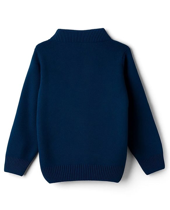 Babyhug Knit Full Sleeves Front Open Sweater with Bear Patch Detailing - Navy Blue