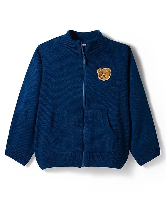 Babyhug Knit Full Sleeves Front Open Sweater with Bear Patch Detailing - Navy Blue