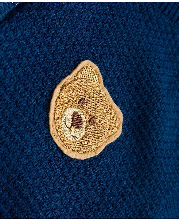 Babyhug Knit Full Sleeves Front Open Sweater with Bear Patch Detailing - Navy Blue