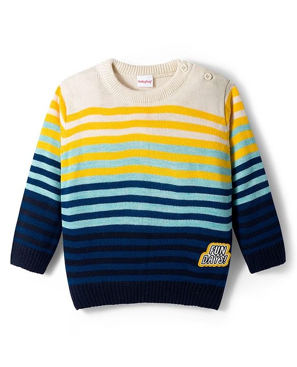Babyhug Knitted Full Sleeves Striped Pullover Sweater With Patch Design - Multicolor