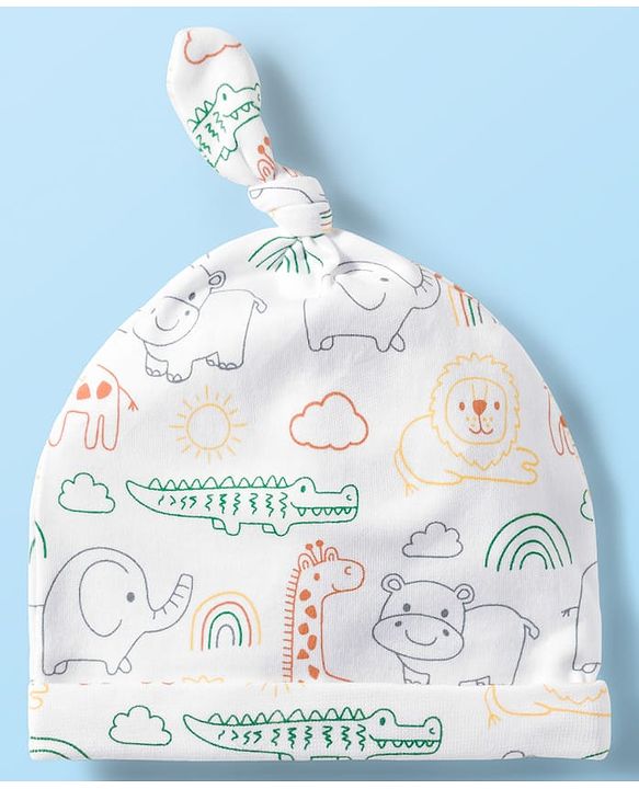 Babyhug 100% Cotton Knit Knot Cap With Stripes & Animal Print Pack of 2 White & Orange - Diameter 16 cm