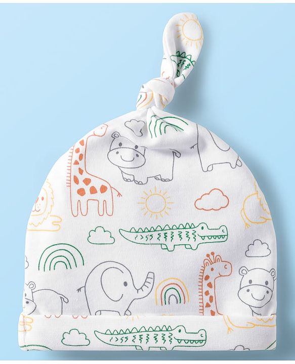 Babyhug 100% Cotton Knit Knot Cap With Stripes & Animal Print Pack of 2 White & Orange - Diameter 16 cm