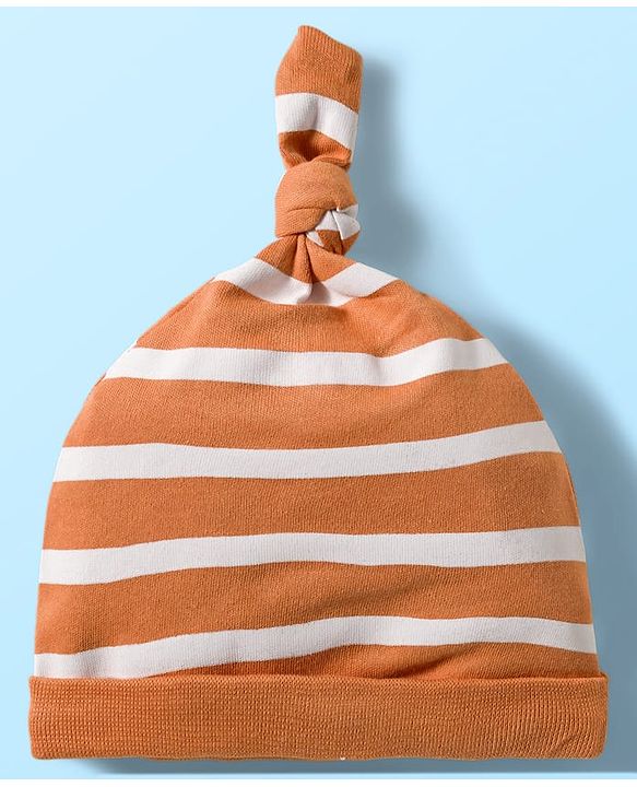 Babyhug 100% Cotton Knit Knot Cap With Stripes & Animal Print Pack of 2 White & Orange - Diameter 16 cm