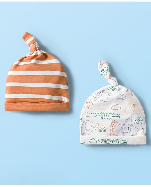 Babyhug 100% Cotton Knit Knot Cap With Stripes & Animal Print Pack of 2 White & Orange - Diameter 16 cm