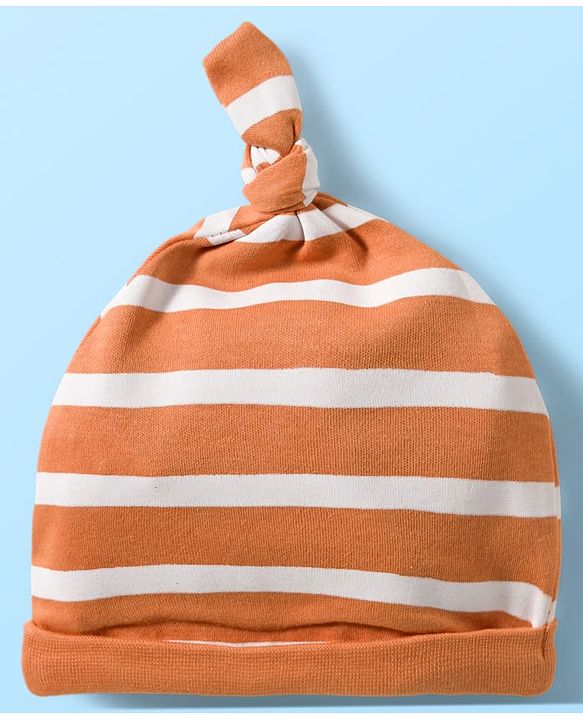 Babyhug 100% Cotton Knit Knot Cap With Stripes & Animal Print Pack of 2 White & Orange - Diameter 16 cm