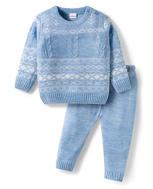 Babyhug Knitted Full Sleeves Sweater Set With Cable Knit Design - Light Blue