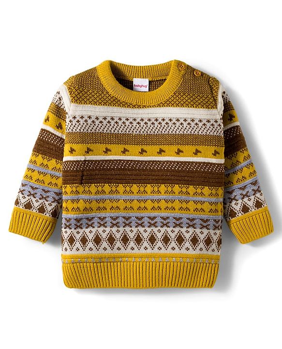 Babyhug Knit Full Sleeves Pullover Sweater Set With Aztec Design - Mustard